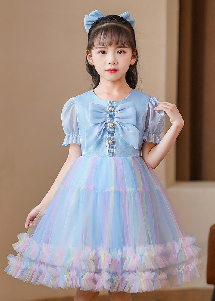 Elegant Blue Puff Sleeve Rainbow Exra Large Hem Tulle Kids Girls Dress Summer