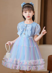 Elegant Blue Puff Sleeve Rainbow Exra Large Hem Tulle Kids Girls Dress Summer