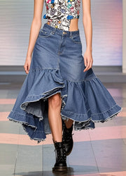 Elegant Blue Ruffled Patchwork Side Open Denim Skirts Spring