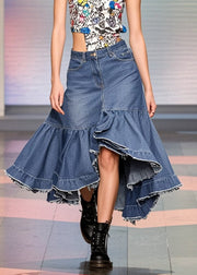 Elegant Blue Ruffled Patchwork Side Open Denim Skirts Spring