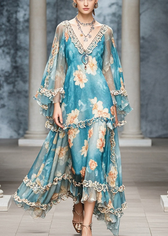 Elegant Blue Ruffled Print Chiffon Long Dress Fall