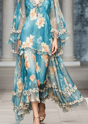 Elegant Blue Ruffled Print Chiffon Long Dress Fall