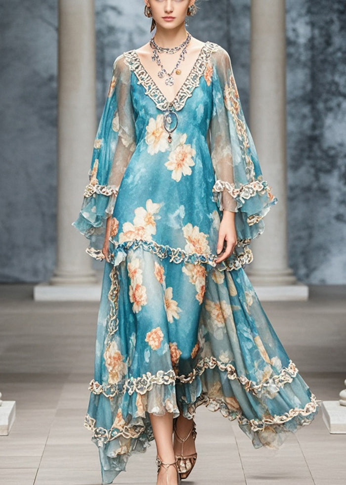 Elegant Blue Ruffled Print Chiffon Long Dress Fall