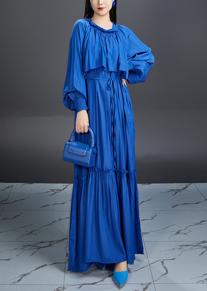 Elegant Blue Ruffled Tie Waist Cotton Maxi Dress Fall