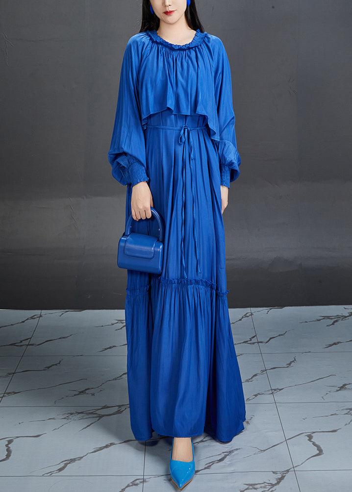 Elegant Blue Ruffled Tie Waist Cotton Maxi Dress Fall