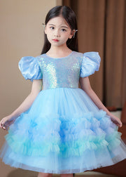 Elegant Blue Ruffled Tulle Kids Girls Long Dress Puff Sleeve