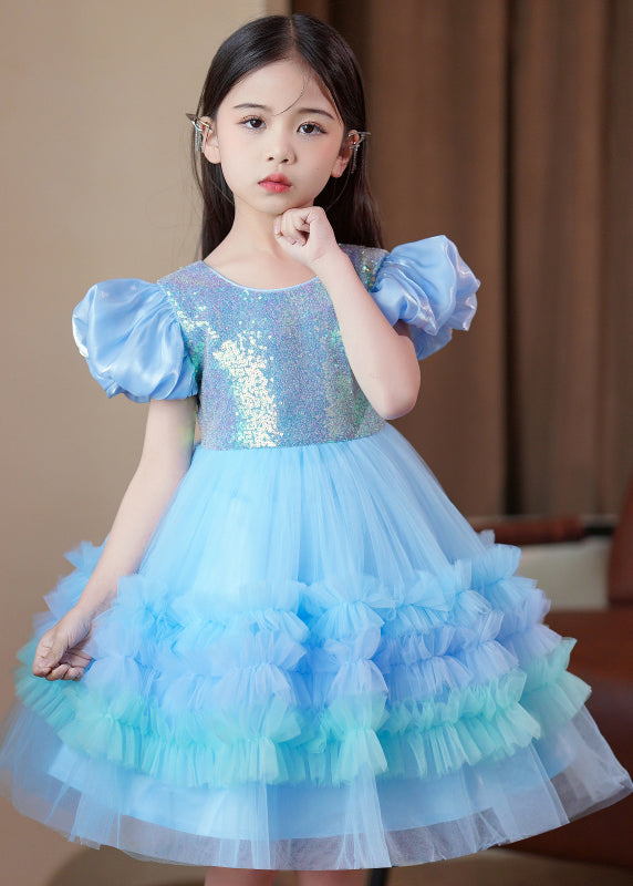 Elegant Blue Ruffled Tulle Kids Girls Long Dress Puff Sleeve