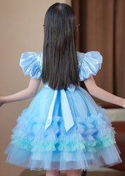 Elegant Blue Ruffled Tulle Kids Girls Long Dress Puff Sleeve