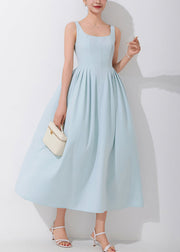 Elegant Blue Square Collar High Waist Spaghetti Strap Dress Sleeveless