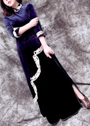 Elegant Blue Stand Collar Embroideried Asymmetrical Top And Wide Leg Pants Silk Velour Two Piece Set Spring