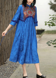 Elegant Blue Stand Collar Embroideried Floral Drawstring Satin Dress Long Sleeve