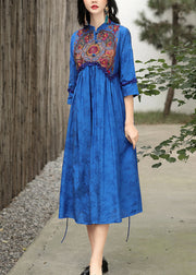 Elegant Blue Stand Collar Embroideried Floral Drawstring Satin Dress Long Sleeve