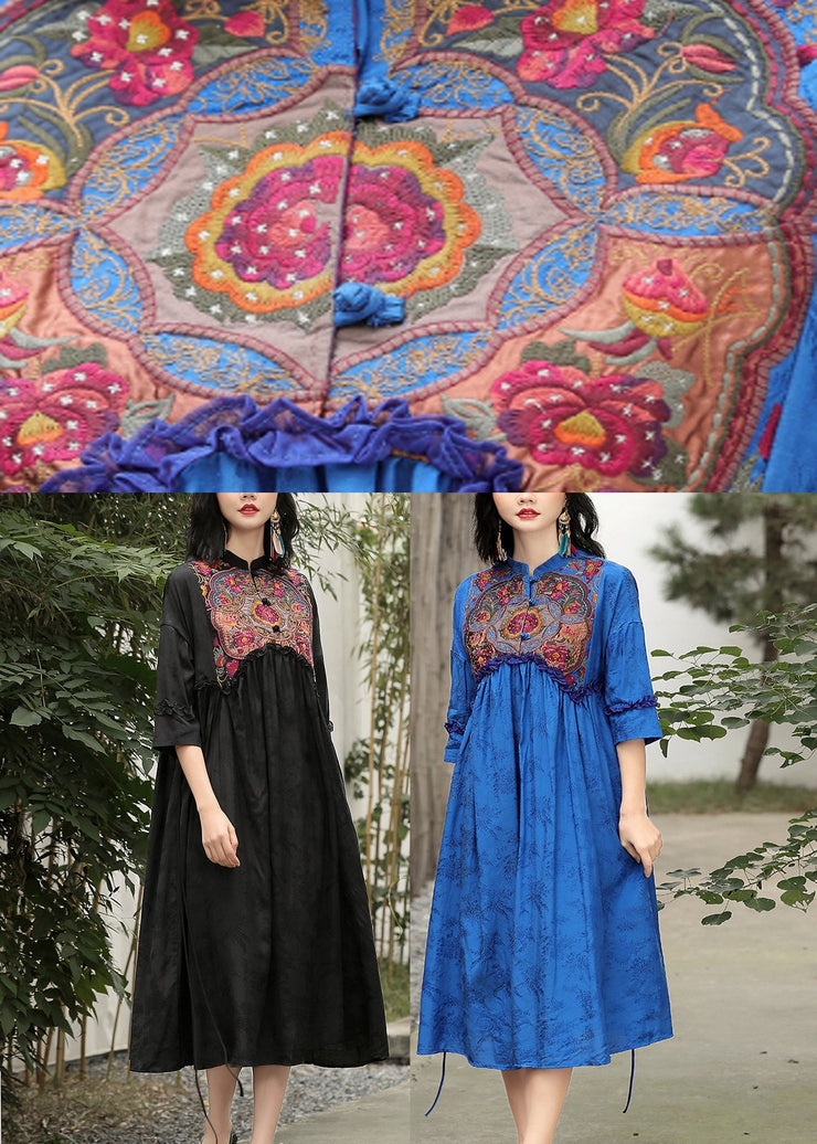 Elegant Blue Stand Collar Embroideried Floral Drawstring Satin Dress Long Sleeve