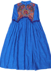 Elegant Blue Stand Collar Embroideried Floral Drawstring Satin Dress Long Sleeve