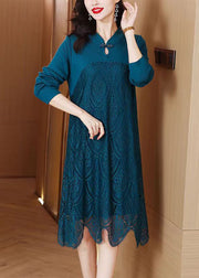 Elegant Blue Stand Collar Knit Patchwork Lace Sweater Dress Fall