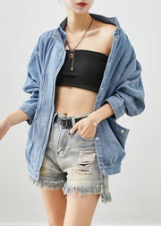 Elegant Blue Stand Collar Oversized Denim Coat Fall