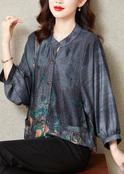 Elegant Blue Stand Collar Print Button Silk Tops Long Sleeve