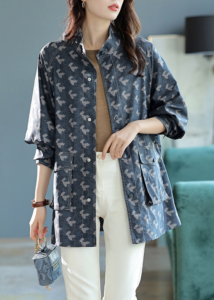 Elegant Blue Stand Collar Print Pockets Coats Long Sleeve