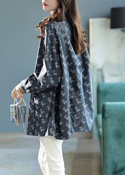 Elegant Blue Stand Collar Print Pockets Coats Long Sleeve