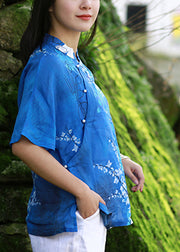 Elegant Blue Stand Collar Print Side Open Shirt Short Sleeve