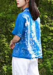 Elegant Blue Stand Collar Print Side Open Shirt Short Sleeve