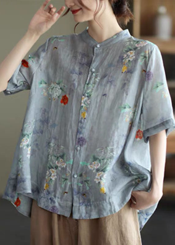 Elegant Blue- flower2 Stand Collar Print Tops Half Sleeve