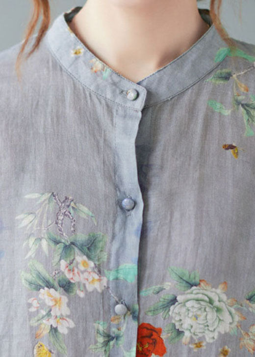 Elegant Blue- flower2 Stand Collar Print Tops Half Sleeve