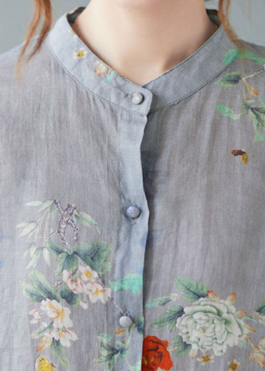 Elegant Grey Stand Collar Print Tops Half Sleeve