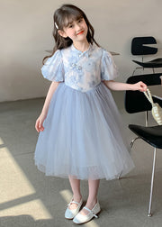 Elegant Blue Stand Collar Print Tulle Patchwork Girls Dress Summer