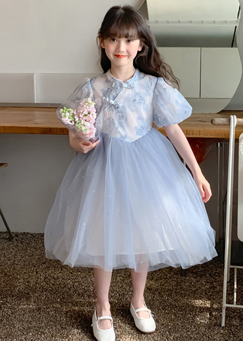 Elegant Blue Stand Collar Print Tulle Patchwork Girls Dress Summer