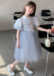 Elegant Blue Stand Collar Print Tulle Patchwork Girls Dress Summer