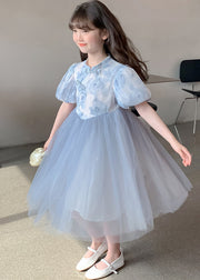 Elegant Blue Stand Collar Print Tulle Patchwork Girls Dress Summer