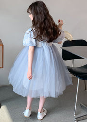 Elegant Blue Stand Collar Print Tulle Patchwork Girls Dress Summer