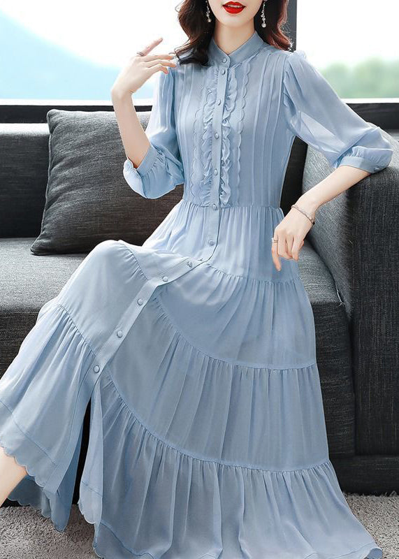 Elegant Blue Stand Collar Wrinkled Button Patchwork Silk Dress Fall