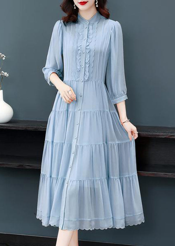 Elegant Blue Stand Collar Wrinkled Button Patchwork Silk Dress Fall