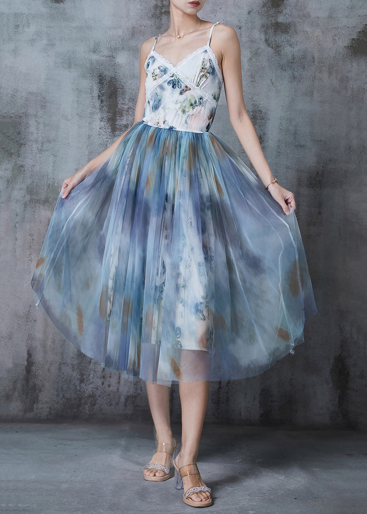 Elegant Blue Tie Dye Exra Large Hem Tulle Cami Dresses Summer