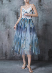 Elegant Blue Tie Dye Exra Large Hem Tulle Cami Dresses Summer