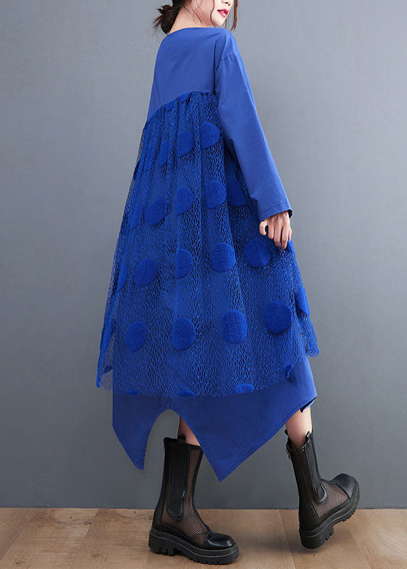 Elegant Blue Tulle Patchwork Cotton Dress Spring