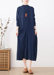 Elegant Blue Turtleneck Button Pockets Cotton Knit Dress Long Sleeve