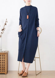 Elegant Blue Turtleneck Button Pockets Cotton Knit Dress Long Sleeve