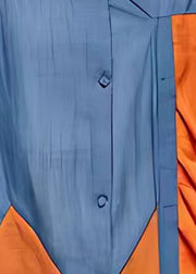 Elegant Blue V Neck Button Patchwork Cotton Shirt Bracelet Sleeve