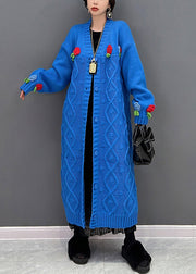 Elegant Blue V Neck Floral Button Knit Cardigan Fall