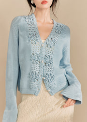 Elegant Blue V Neck Hollow Out Knit Cardigan Spring