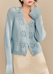 Elegant Blue V Neck Hollow Out Knit Cardigan Spring