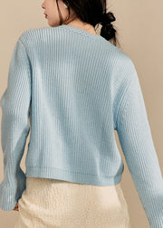 Elegant Blue V Neck Hollow Out Knit Cardigan Spring