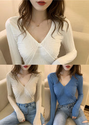 Elegant Blue V Neck Knit Sweater Tops Spring