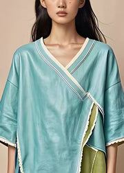 Elegant Blue V Neck Patchwork Cotton Tops Half Sleeve