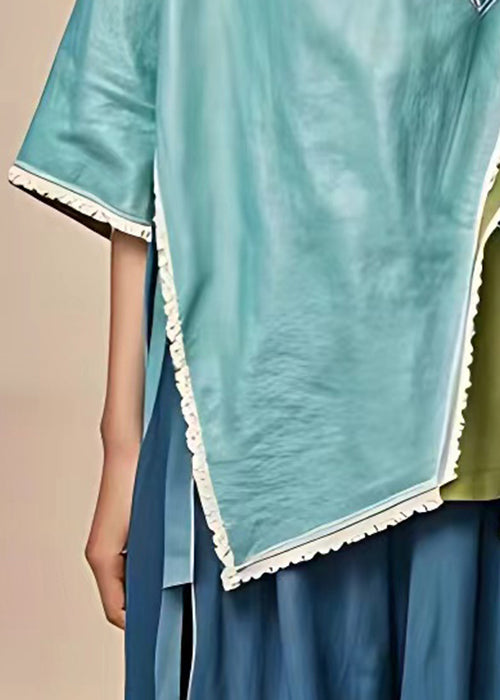Elegant Blue V Neck Patchwork Cotton Tops Half Sleeve