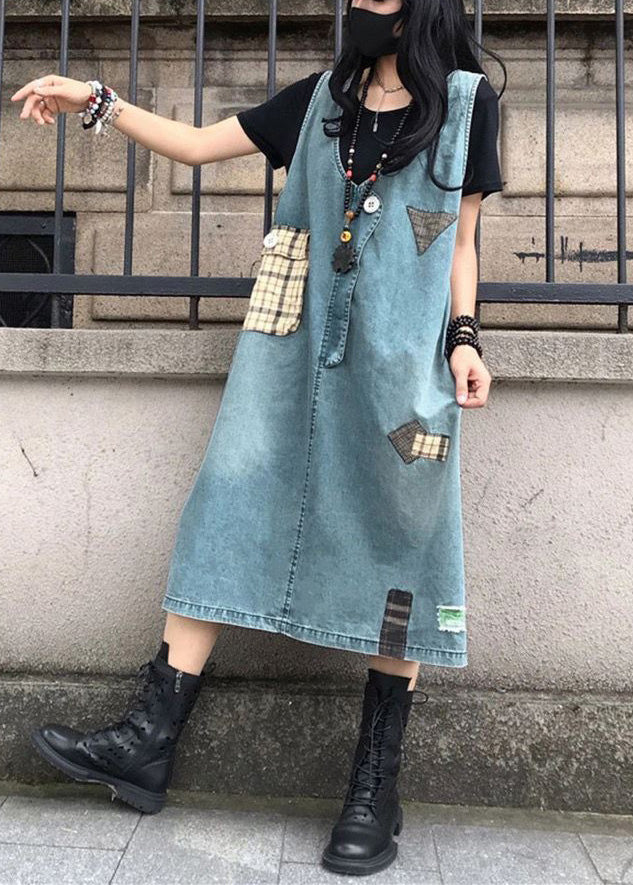 Elegant Blue V Neck Patchwork Denim Maxi Slip Dress Sleeveless