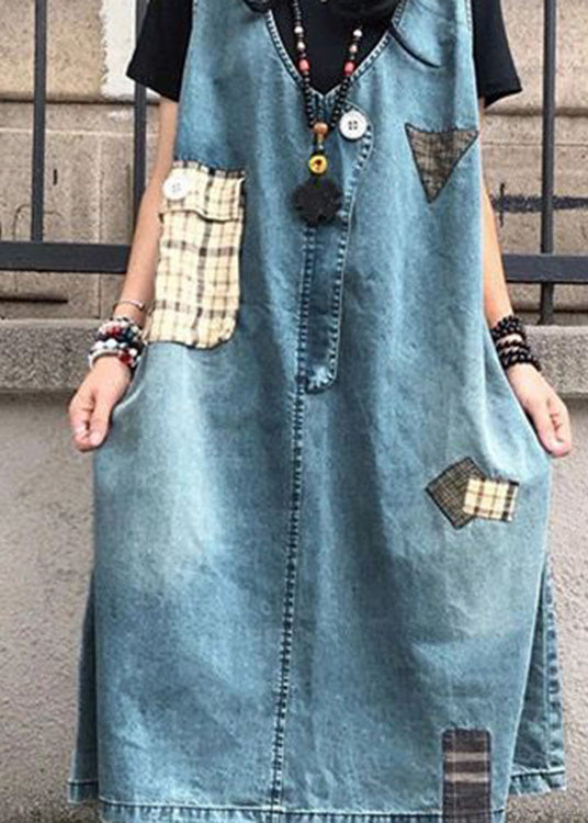 Elegant Blue V Neck Patchwork Denim Maxi Slip Dress Sleeveless